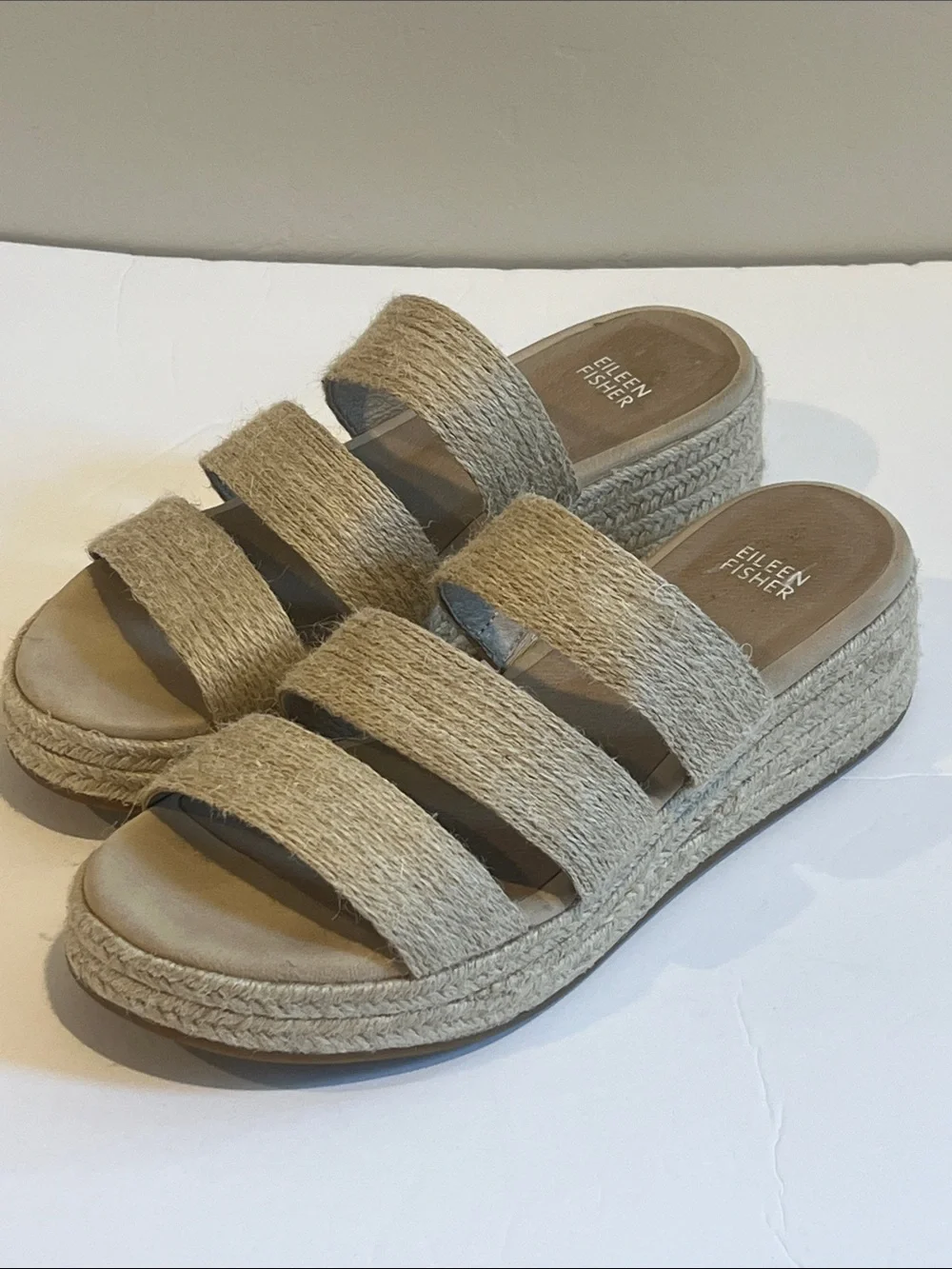 Eileen Fisher Beige Jute Triple-Strap Platform Slides